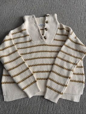 Madewell Stripe Cream & Gold Button-Accent Women's Sweater